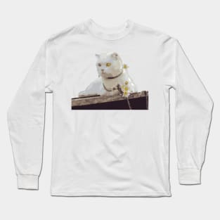 the cat waits lover with the chrysanthemum - Vector image Long Sleeve T-Shirt